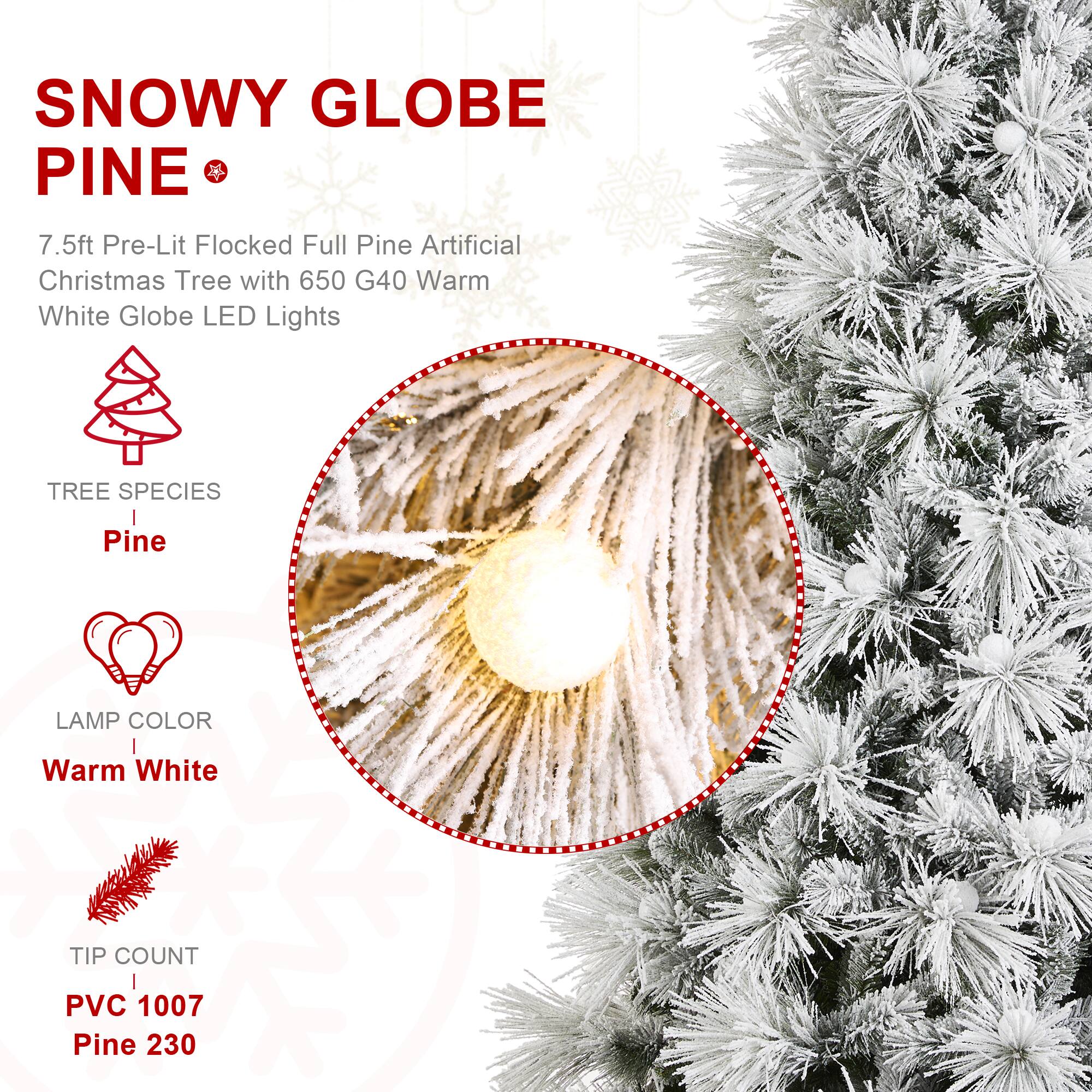 Glitzhome® 7.5ft Pre-Lit Flocked Full Pine Artificial Christmas Tree, Warm White LED Lights